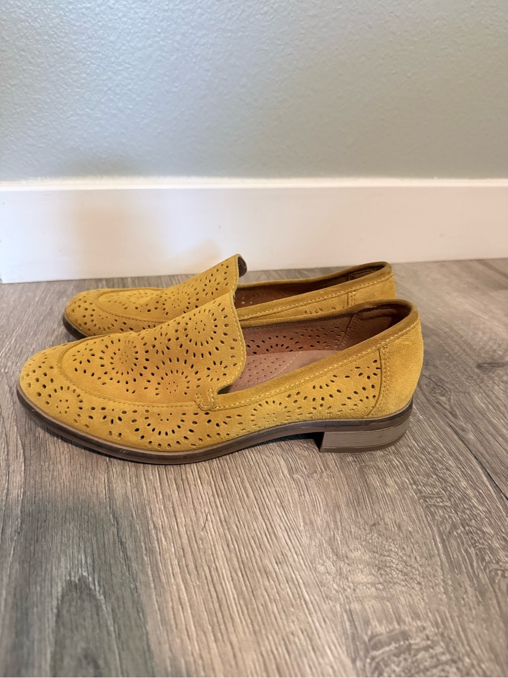Clarks Mustard Suede Perforated Slip-On Loafers